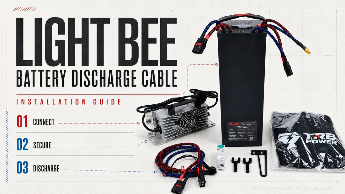 Light Bee battery discharge cable installation guide with battery, charger, wiring harness and accessories