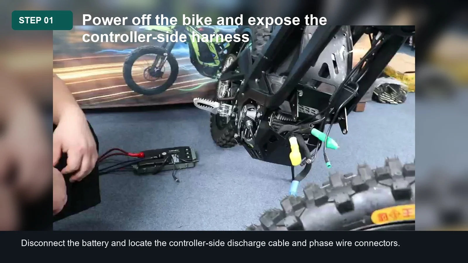 Light Bee Battery Discharge Cable Installation Guide: Step 01, Power off the bike and expose the controller-side harness