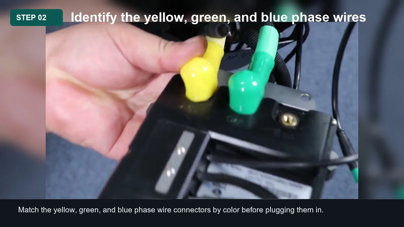 Light Bee Battery Discharge Cable Installation Guide: Step 02, Identify the yellow, green, and blue phase wires