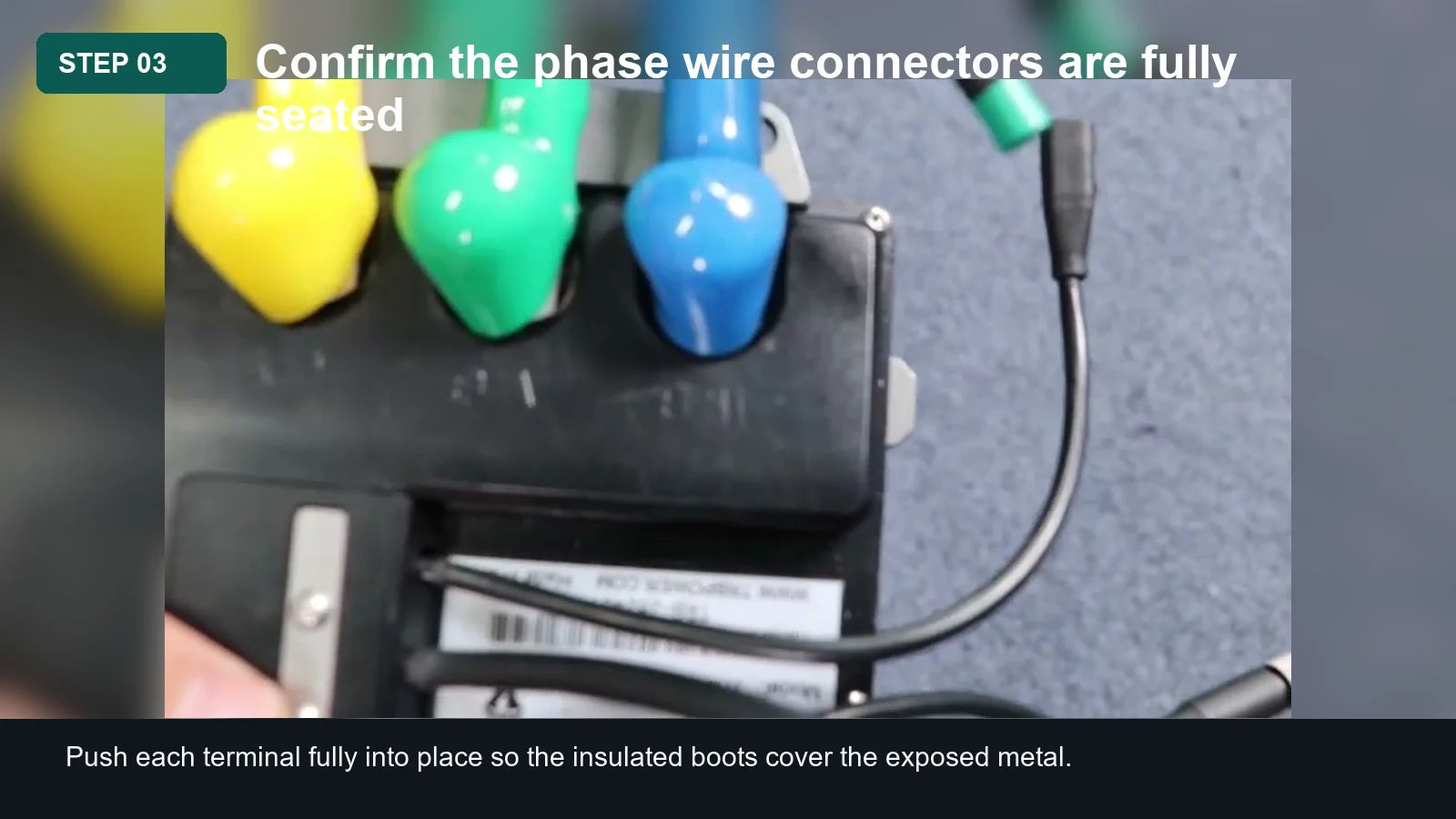 Light Bee Battery Discharge Cable Installation Guide: Step 03, Confirm the phase wire connectors are fully seated