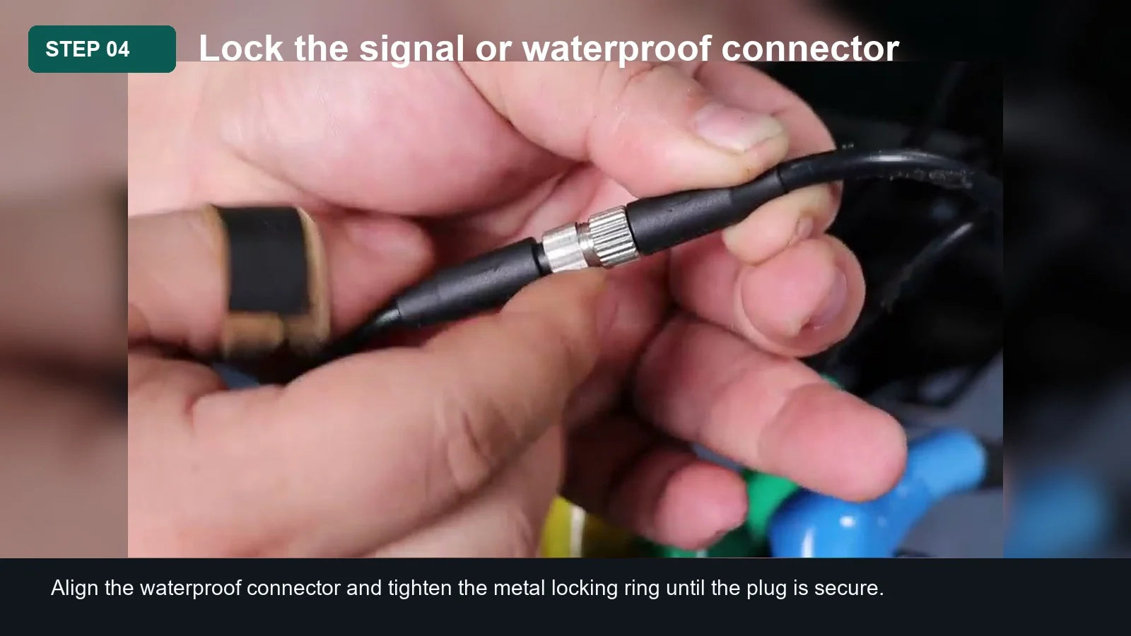 Light Bee Battery Discharge Cable Installation Guide: Step 04, Lock the signal or waterproof connector