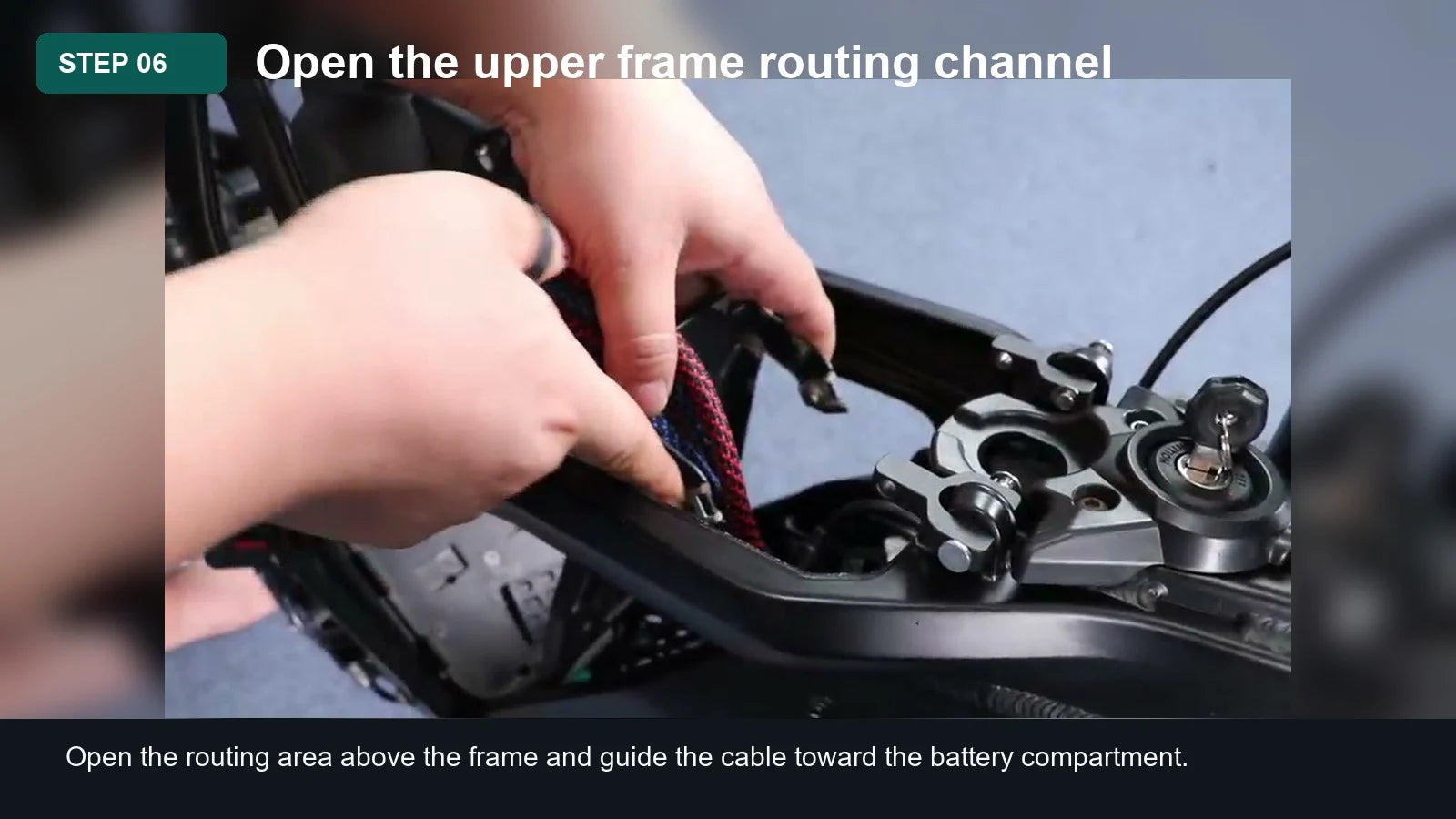 Light Bee Battery Discharge Cable Installation Guide: Step 06, Open the upper frame routing channel