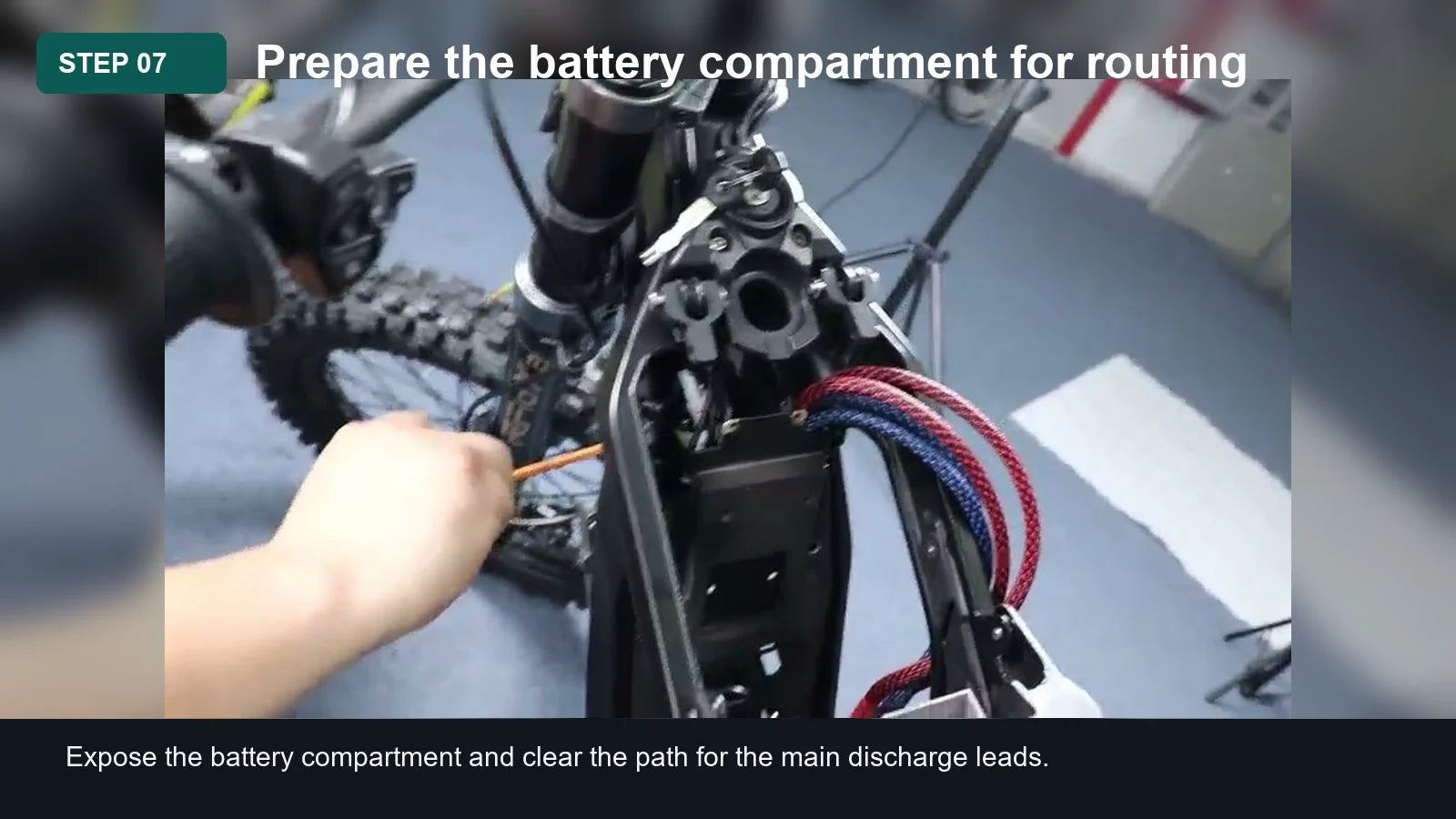 Light Bee Battery Discharge Cable Installation Guide: Step 07, Prepare the battery compartment for routing