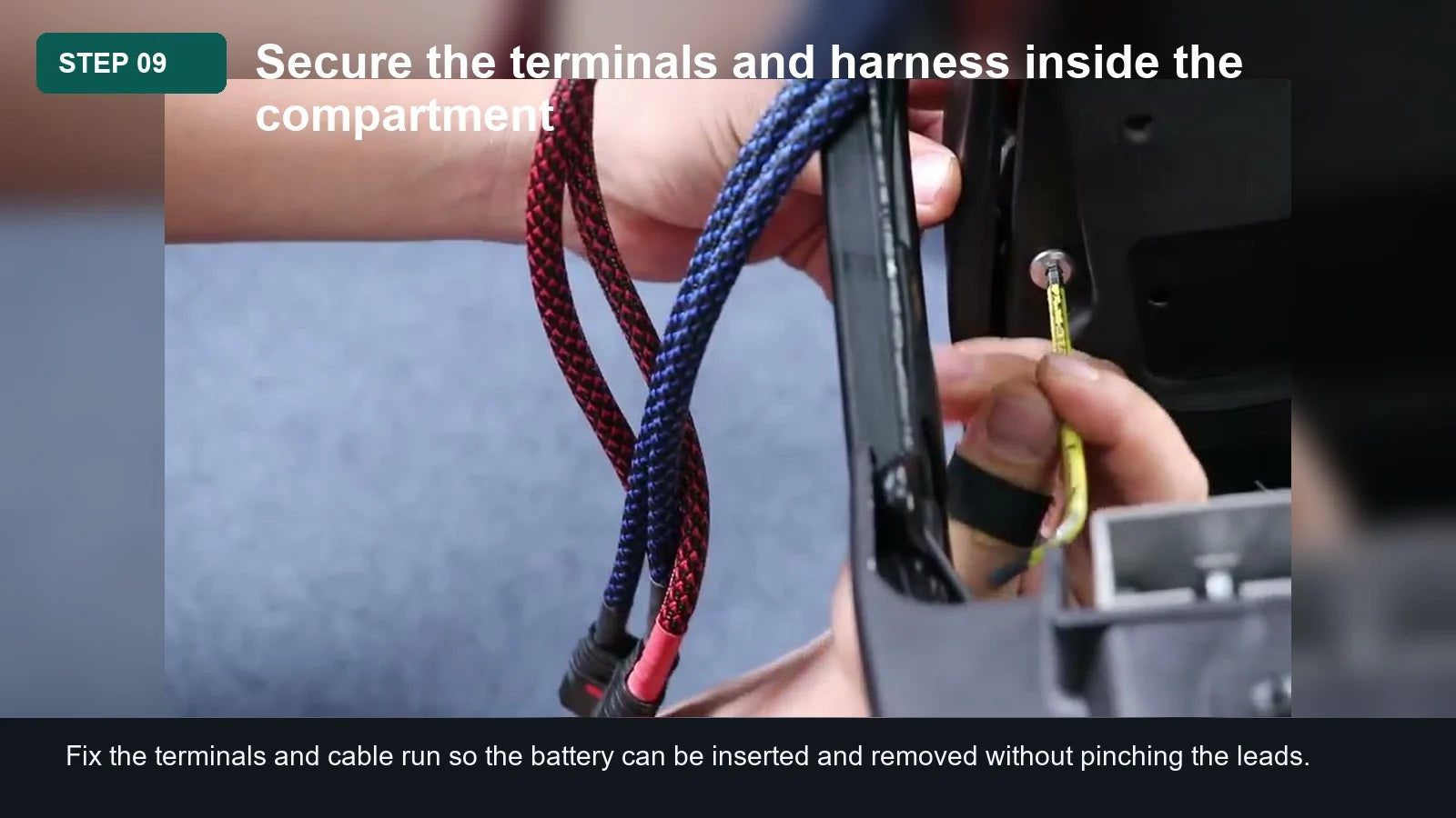Light Bee Battery Discharge Cable Installation Guide: Step 09, Secure the terminals and harness inside the compartment