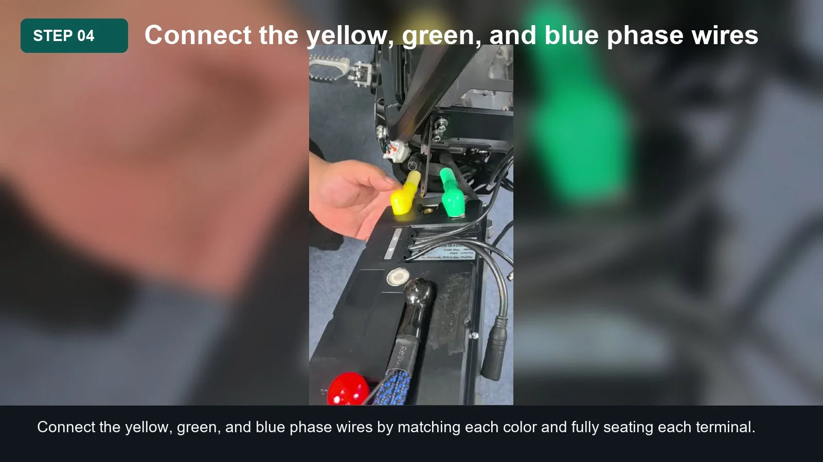 Light Bee Controller Installation Guide: Step 04, Connect the yellow, green, and blue phase wires